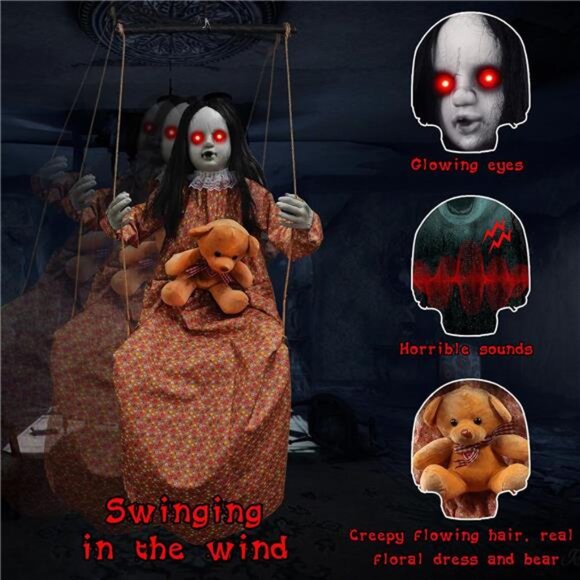 30-Inch Hanging Haunted Swing Girl with 20 Lights & Sounds  Scary Halloween Decorations Outdoor, Halloween Hanging Swinging Doll Girl